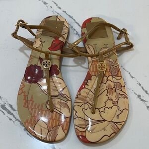 Tory Burch Emmy T Floral Print Sandals - Tan and Red size 9M